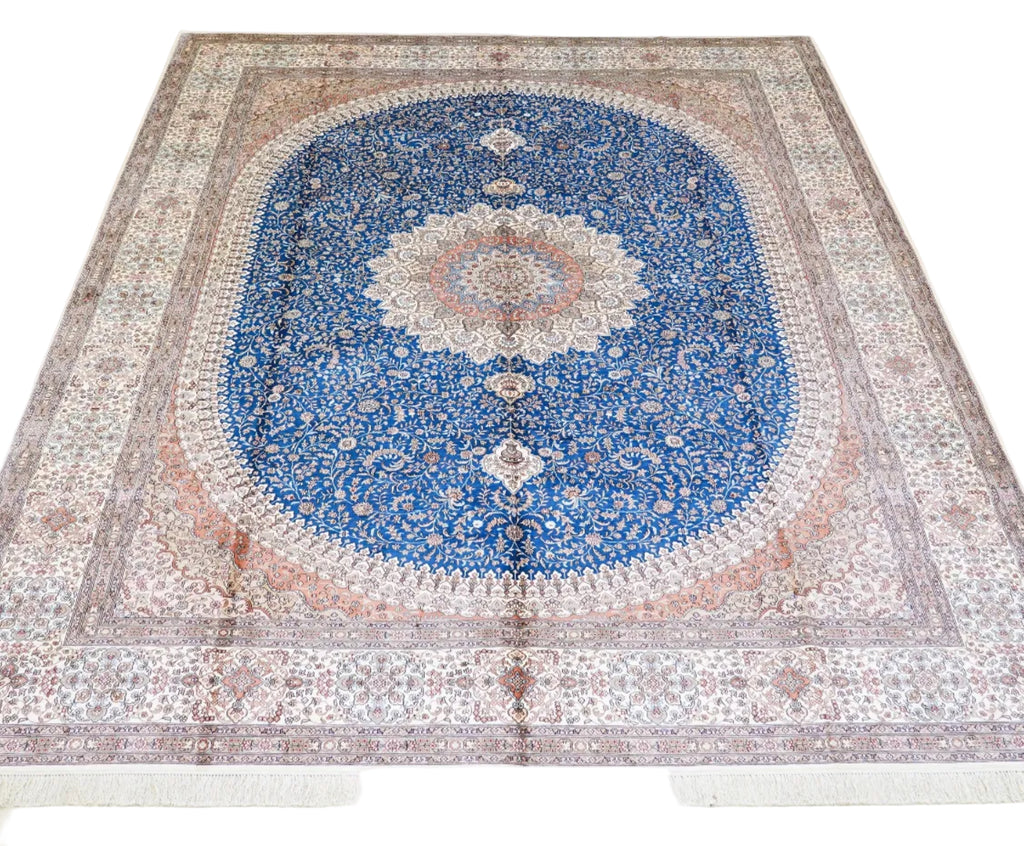 Handwoven Persian Silk Rug 9x12 with traditional floral medallion design