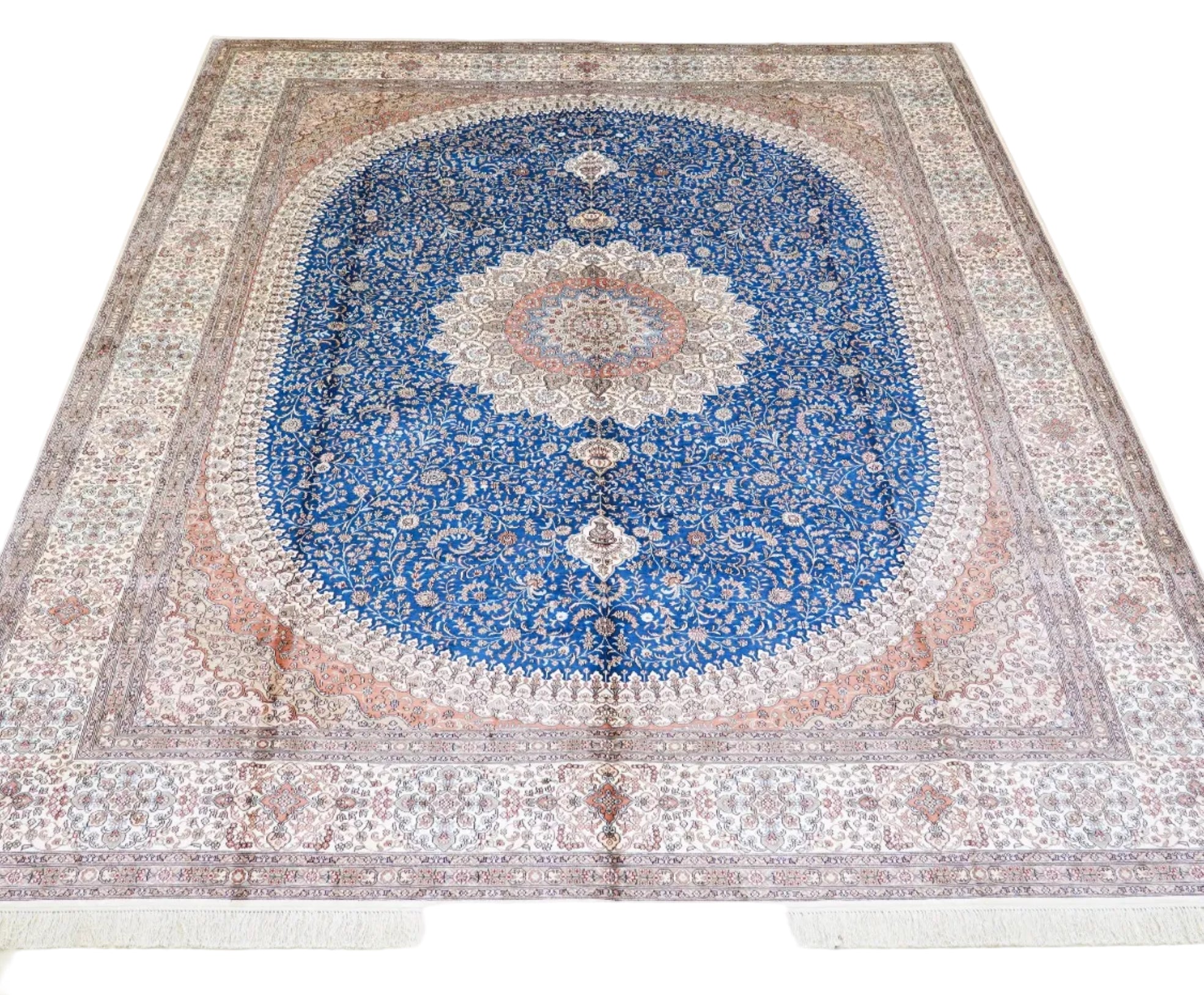 Handwoven Persian Silk Rug 9x12 with traditional floral medallion design