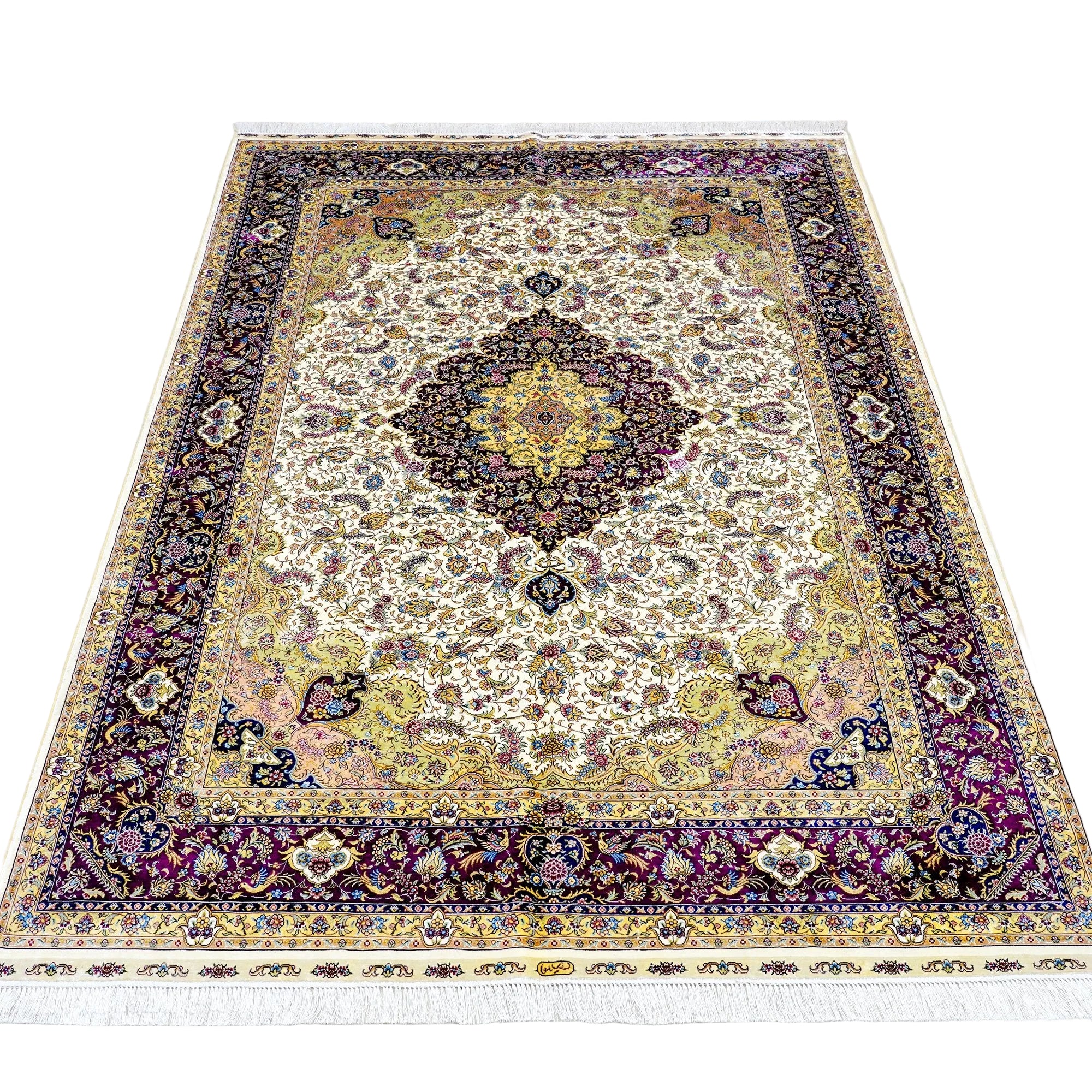 Luxury Persian Medallion Rug with Ivory field and Burgundy floral border, traditional 6x9 oriental carpet. 