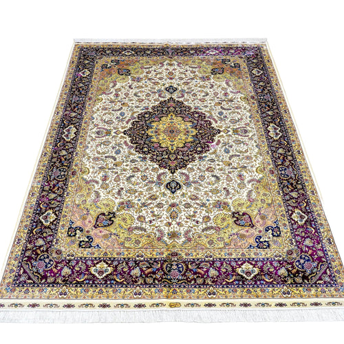 Luxury Persian Medallion Rug with Ivory field and Burgundy floral border, traditional 6x9 oriental carpet. 