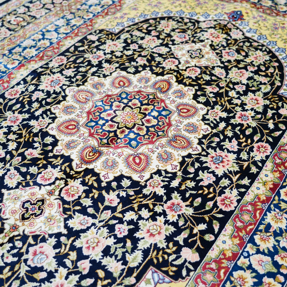 Central Design of Tabriz Midnight Silk Rug