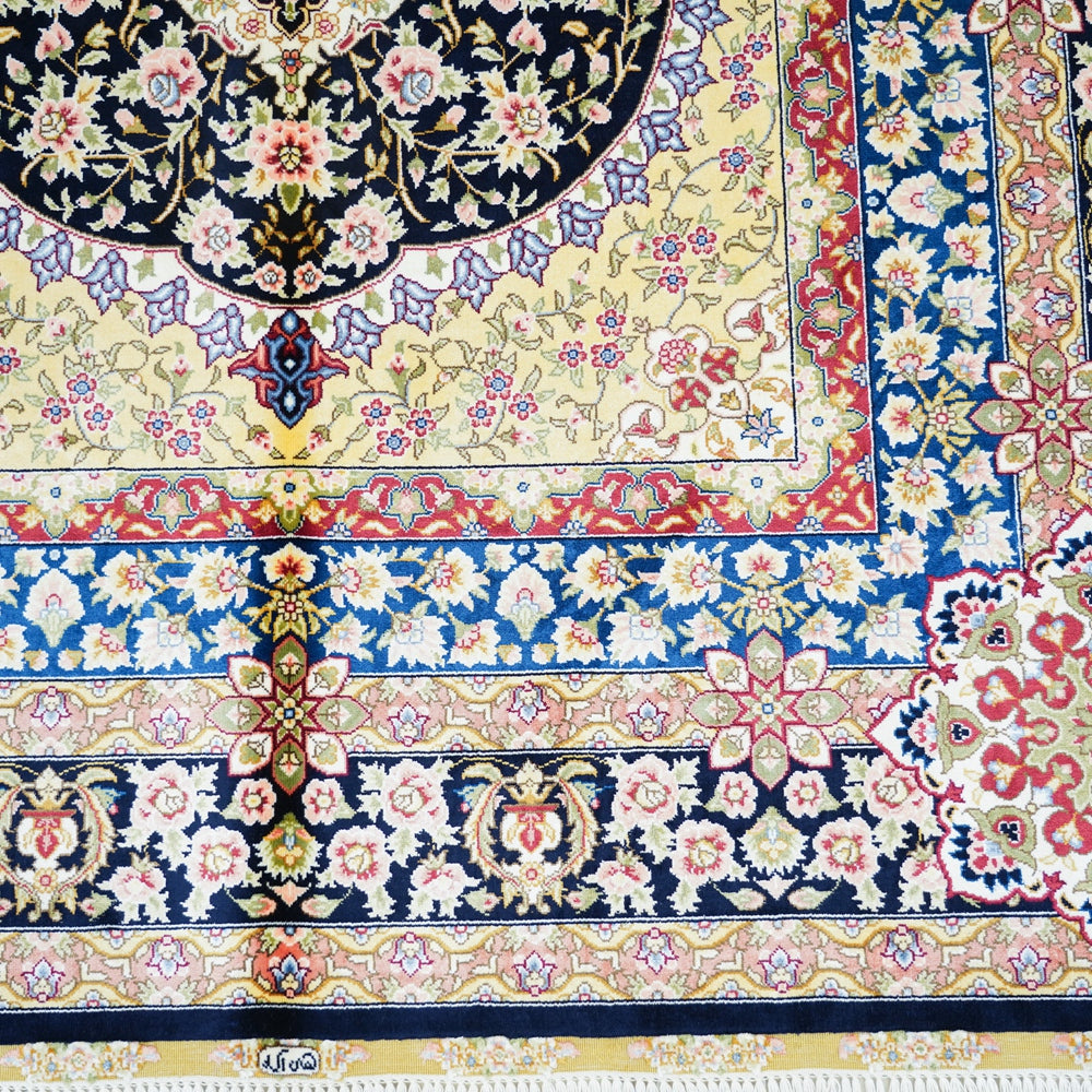 Side details of Tabriz Midnight Medallion Silk Rug