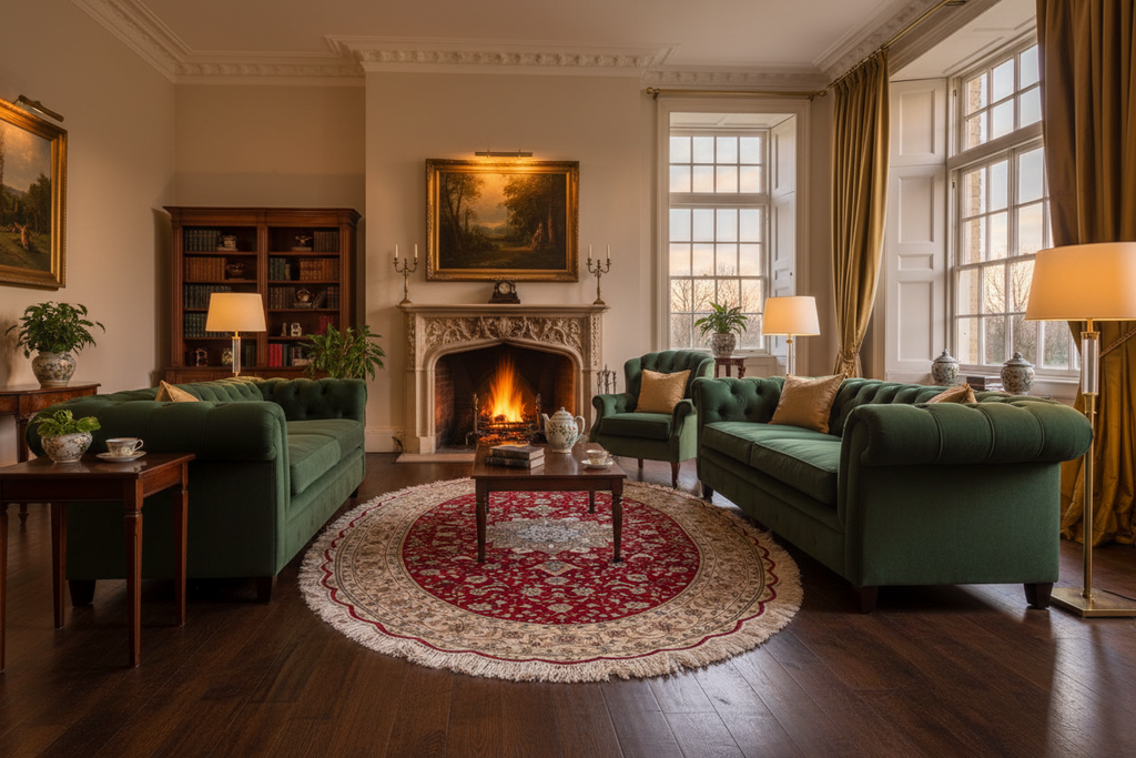 Qom Ruby Medallion Rug in a Chesterfield Living Room