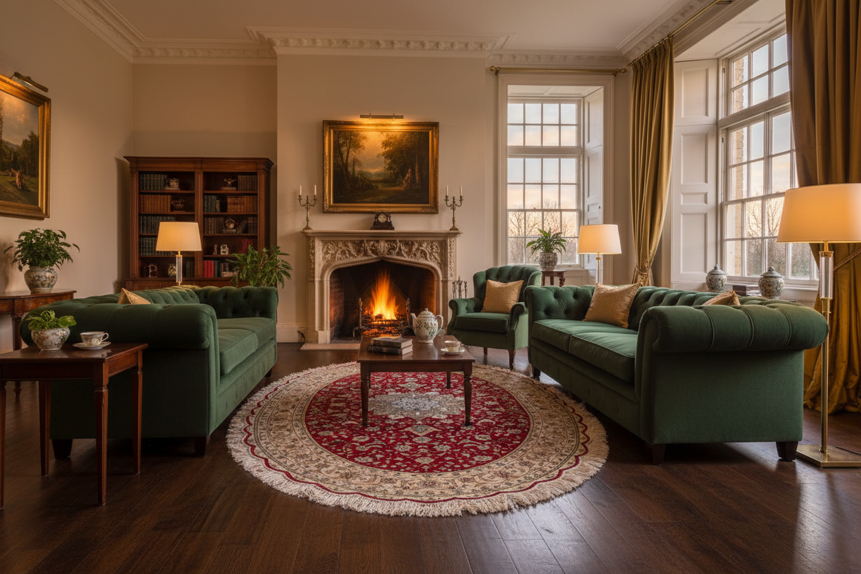 Qom Ruby Medallion Rug in a Chesterfield Living Room