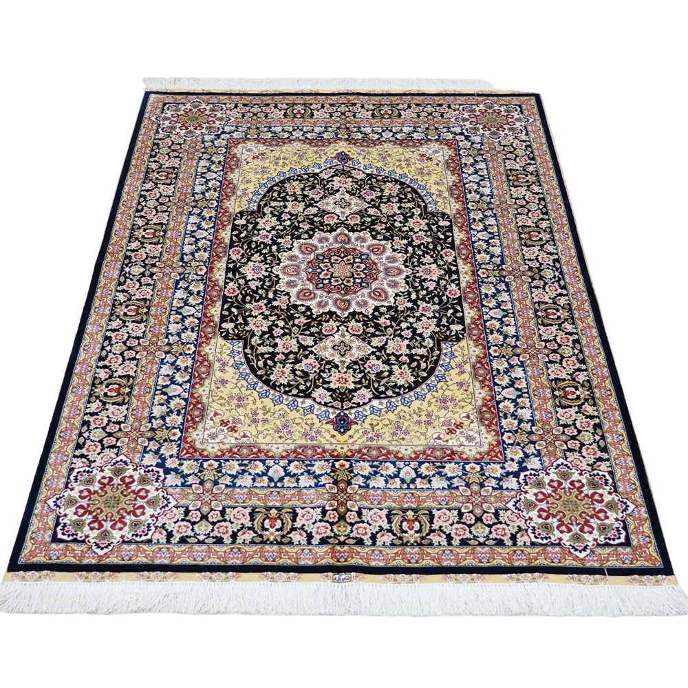 Midnight Persian Medallion Rug with ivory and gold floral pattern, traditional 4x6 oriental carpet
