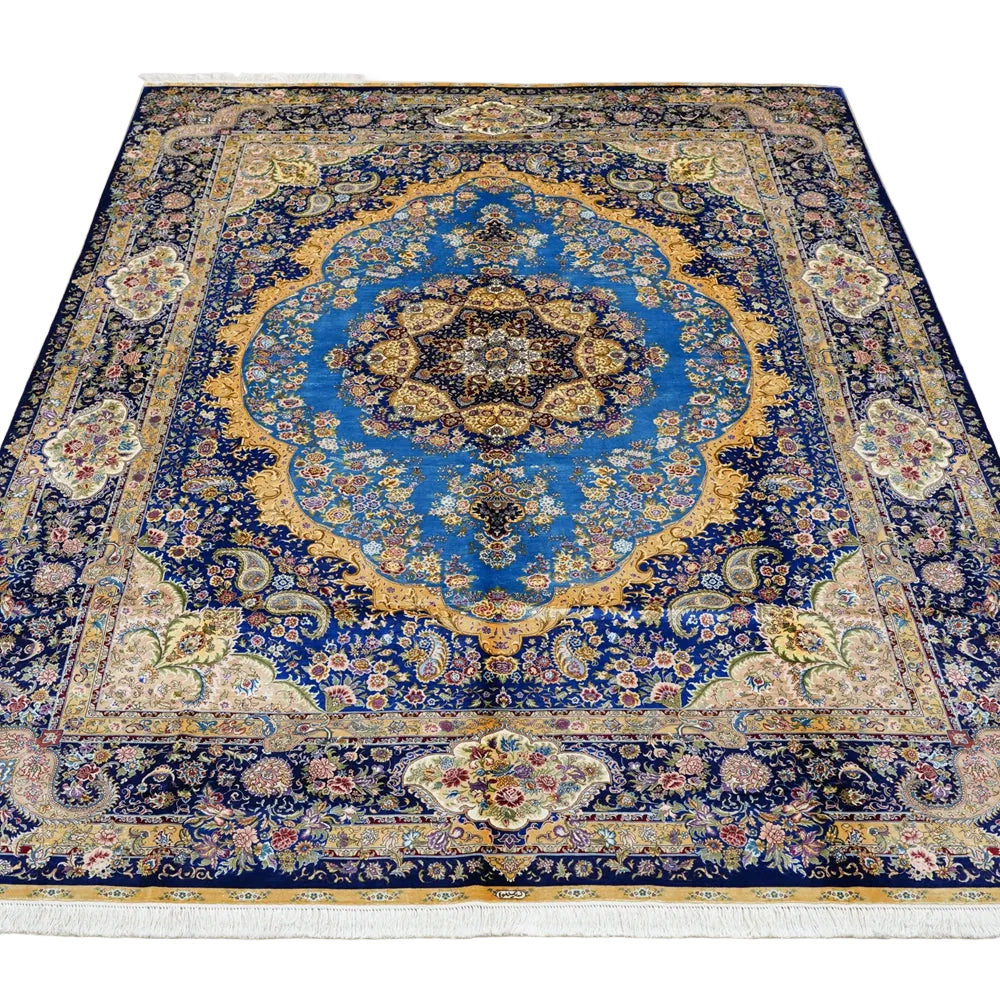 Luxury Persian Silk rug with sapphire blue medallion design and ivory floral border 9x12 traditional oriental carpet