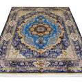 Luxury Persian Silk rug with sapphire blue medallion design and ivory floral border 9x12 traditional oriental carpet