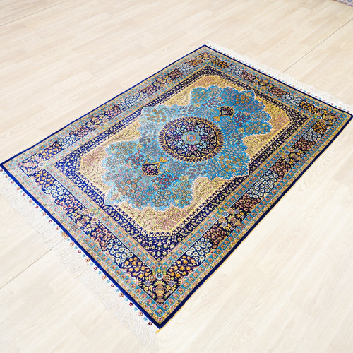 Side angle of Persian silk rug 
