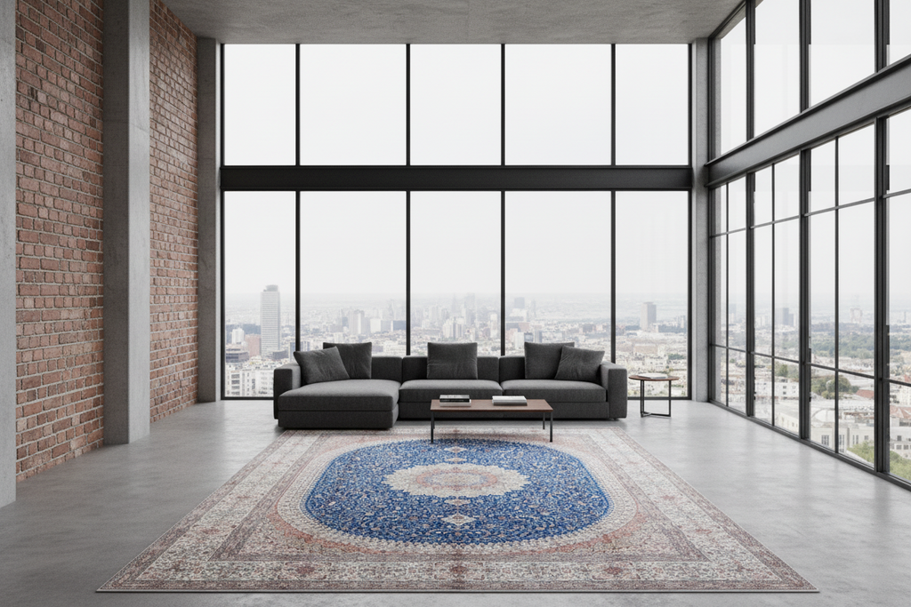 The Isfahan Azure Medallion Silk Rug in a minimalistic interior style home 
