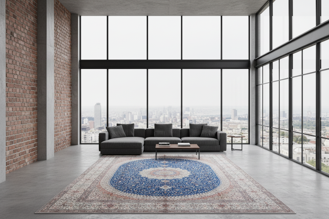 The Isfahan Azure Medallion Silk Rug in a minimalistic interior style home 