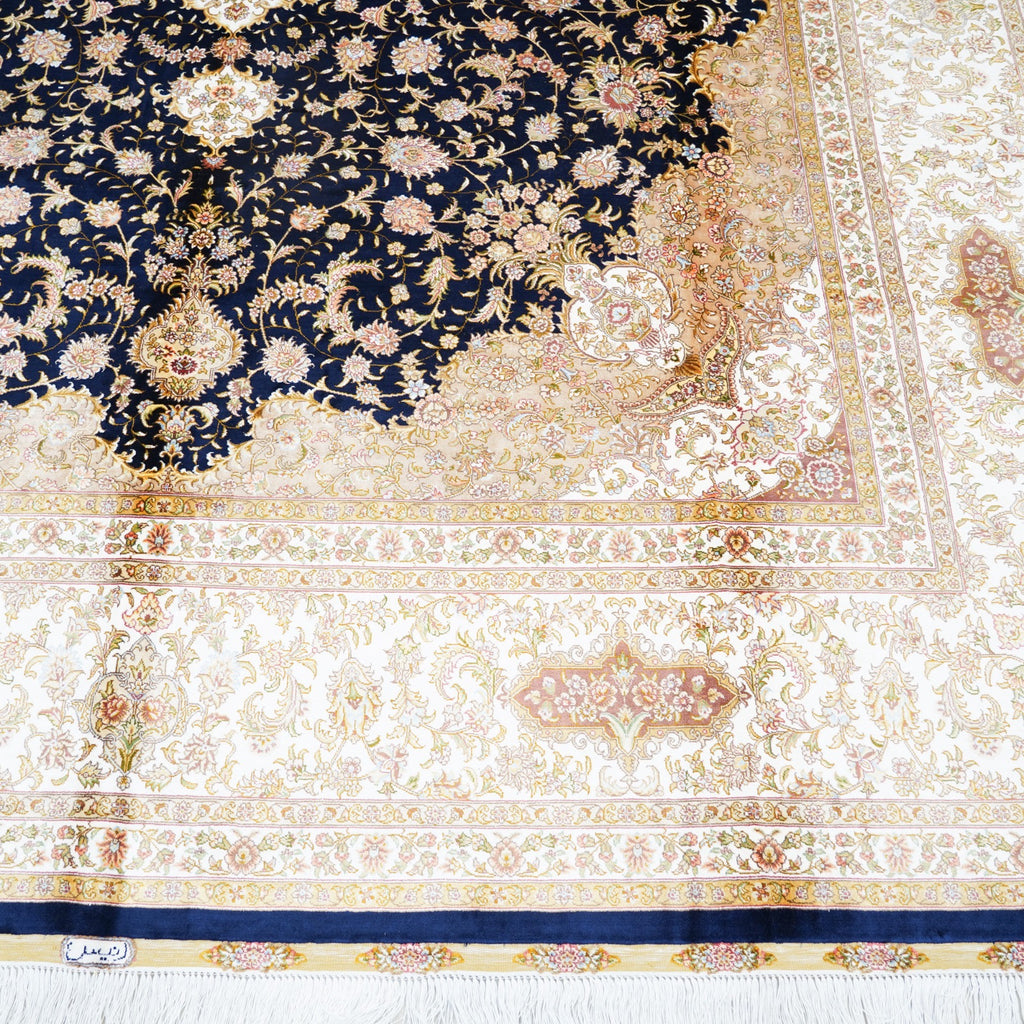 Decorative rug with intricate patterns and colors on a white background