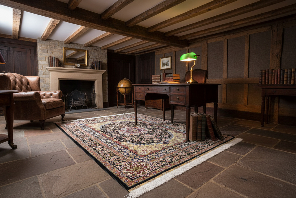 The Tabriz Midnight Medallion Silk Rug in a British Study Room