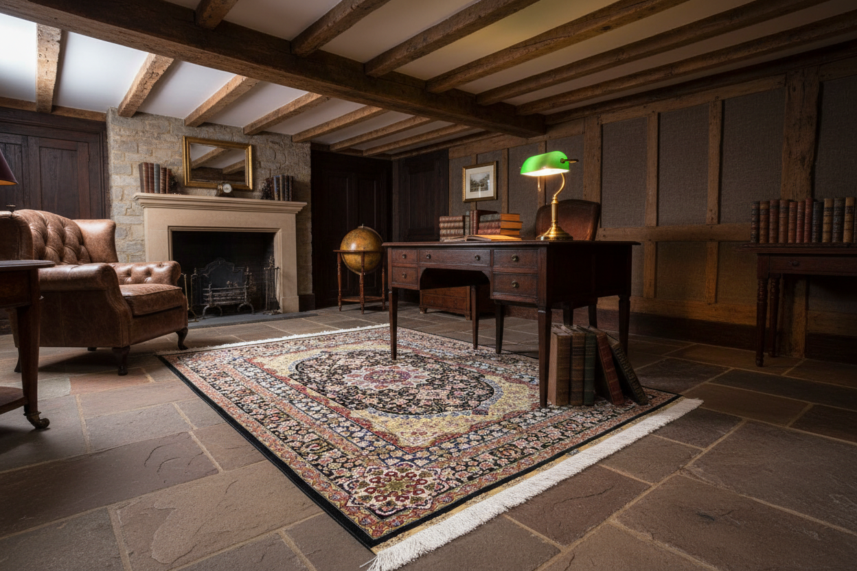 The Tabriz Midnight Medallion Silk Rug in a British Study Room