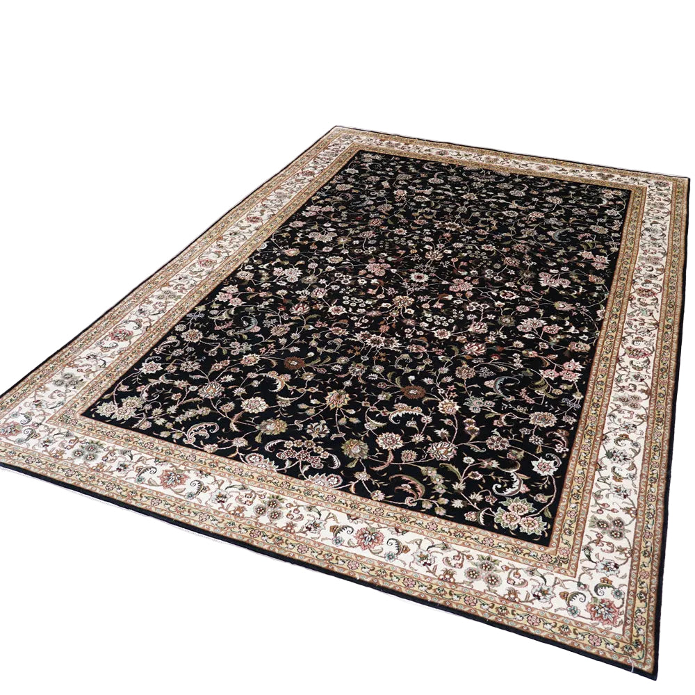Side angle full view of The Tabriz Noir Garden Rug