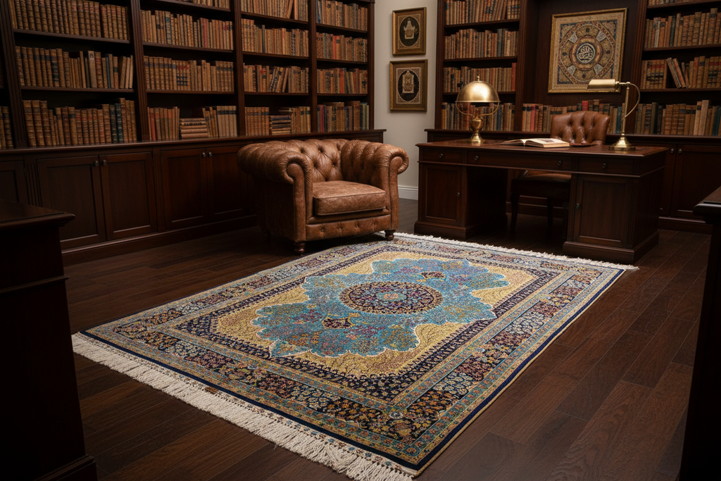 The Isfahan Azure Crown Medallion Rug in a British Study