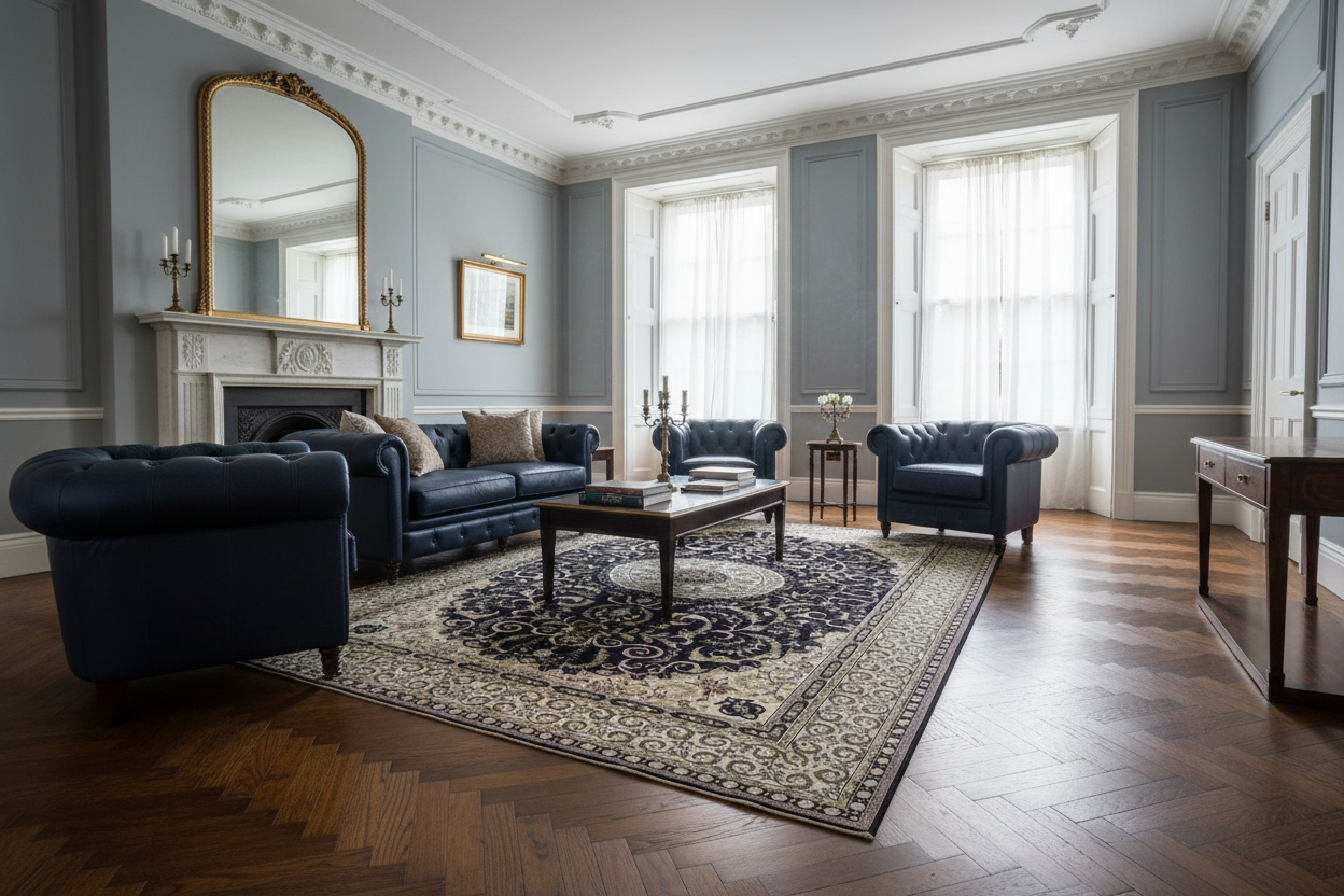 The Kashan Obsidian Palace Medallion Rug in a London Townhouse