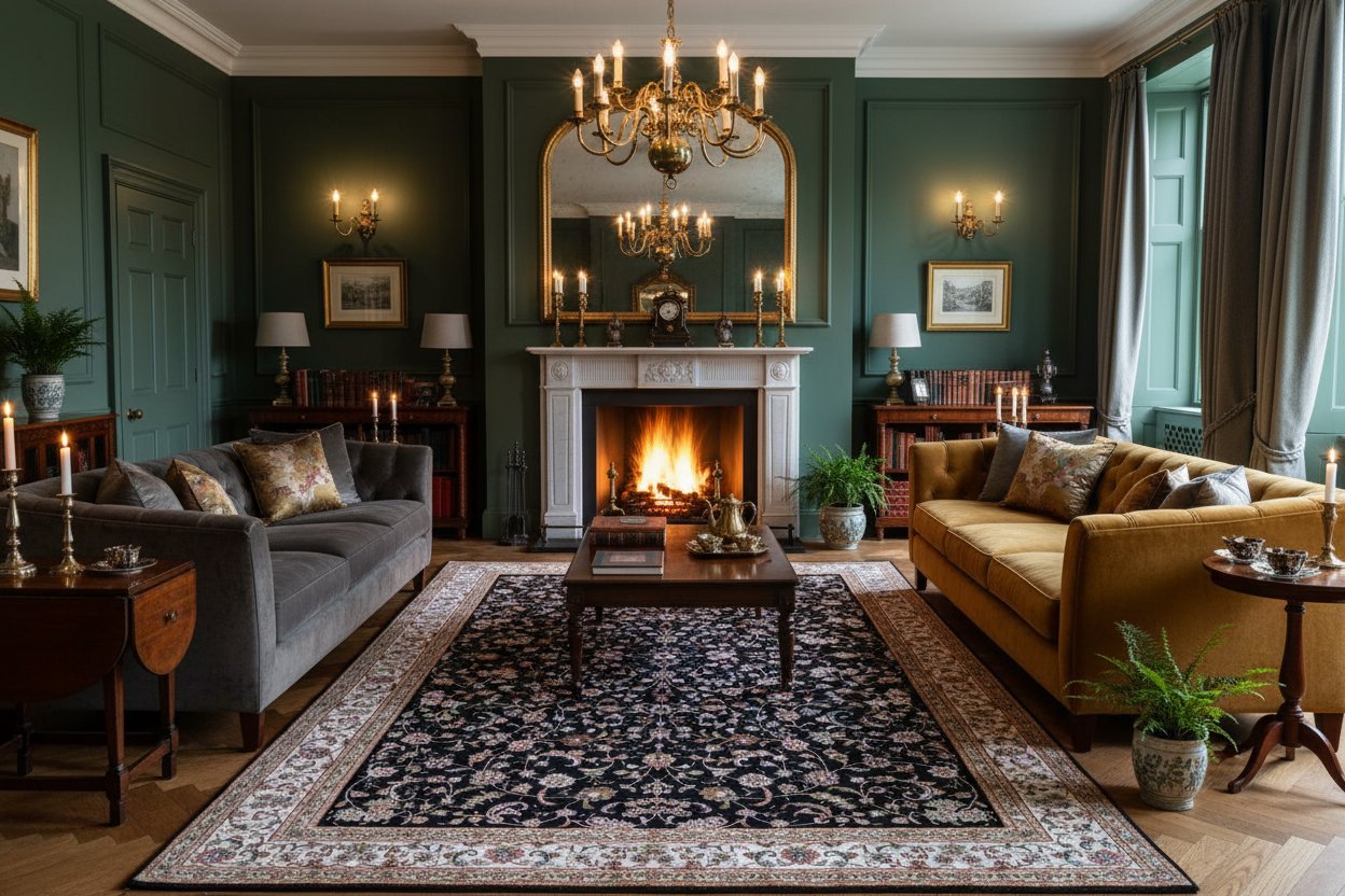 The Tabriz Noir Garden Rug in a British Drawing Room